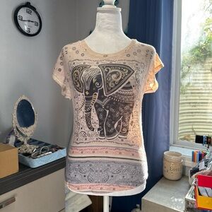 Elephant Print Women's Top - Cream and Gray